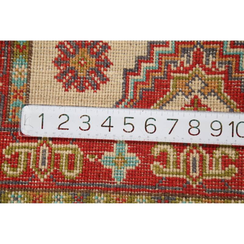 Geometric Kazak Accent Rug Hand-Knotted Beige Wool Carpet - 2'1"x 2'10"