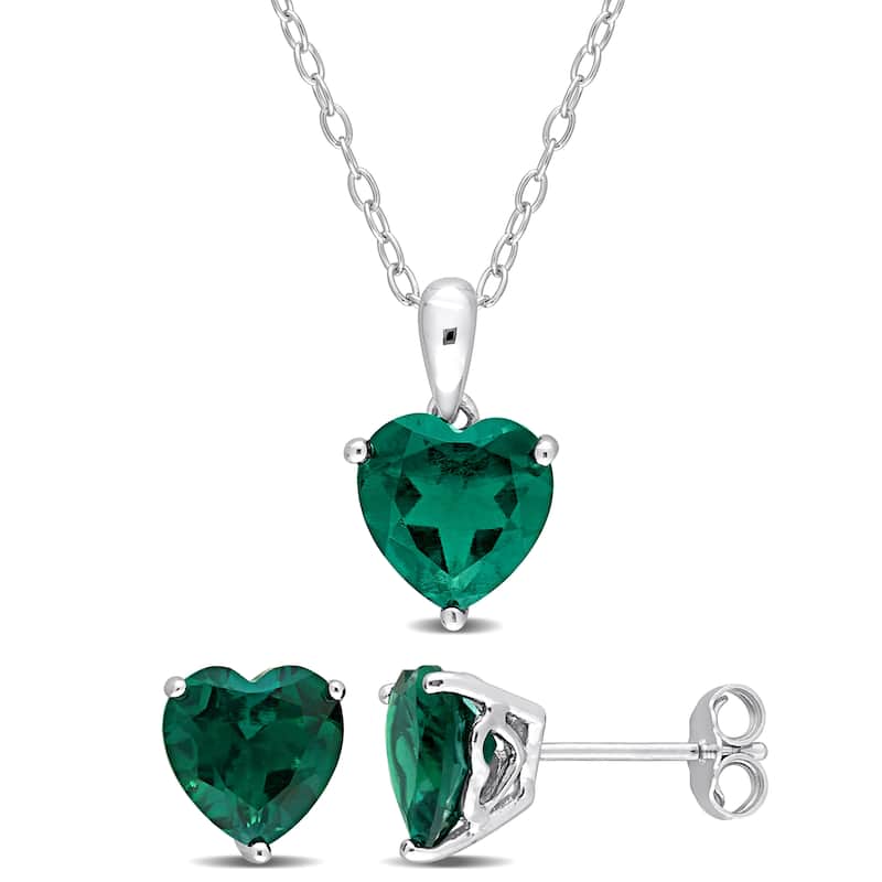 Miadora 4 1/2ct TGW Heart-Shape Created Emerald Set of Necklace and Earrings in Sterling Silver