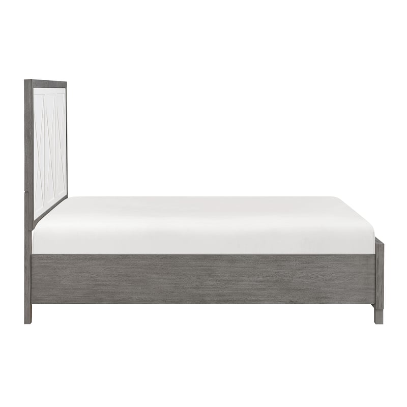 Queen Platform Bed with Footboard Storage in Ivory and Gray Finish