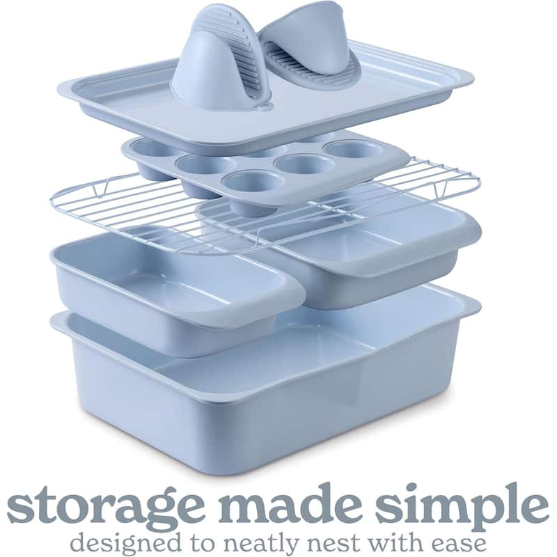 Country Kitchen 8-Piece Bakeware Set, Nonstick Baking Pans & Nesting Baking Sheets, Durable Steel, Grey