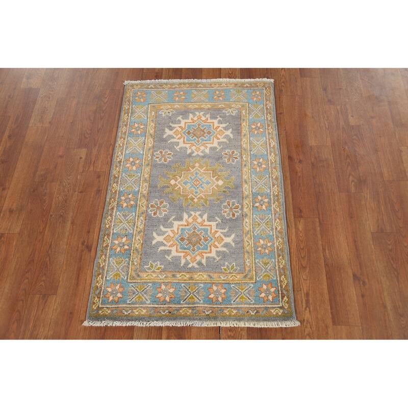 Gray Geometric Kazak Accent Rug Hand-Knotted Wool Carpet - 2'1"x 2'10"