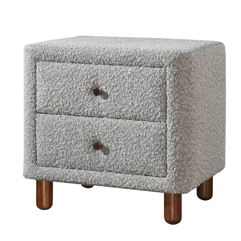 Chic Textured Boucle 2-Drawer Upholstered Nightstand - Grey