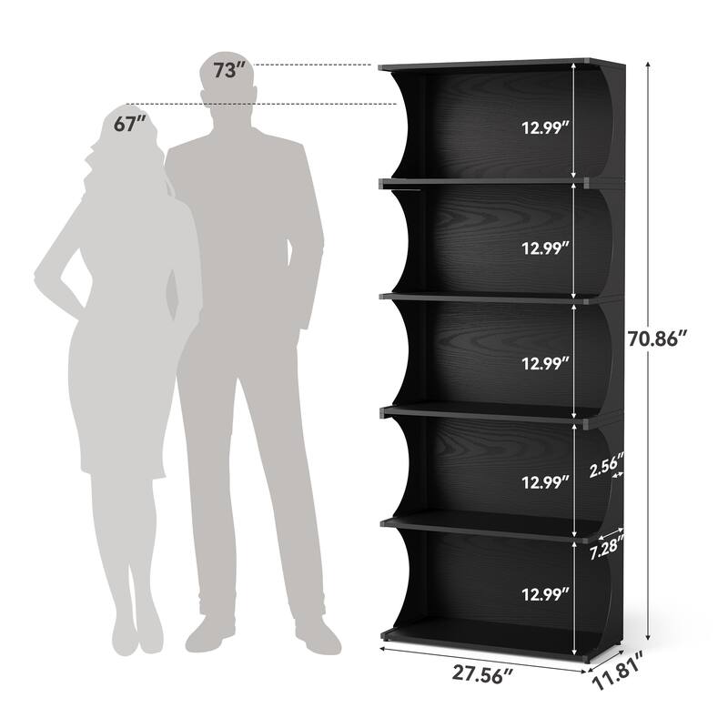 5-Tier Tall Bookcase Modern Black Open Bookshelf