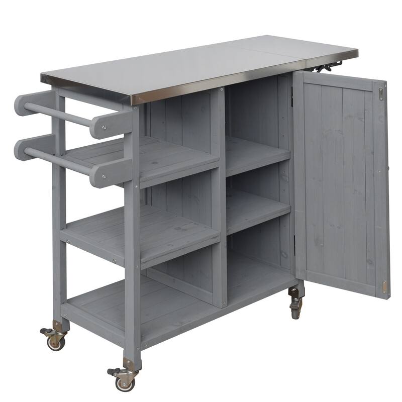 Foldable Outdoor Kitchen Island Cart with Lockable Wheels and Storage Cabinet