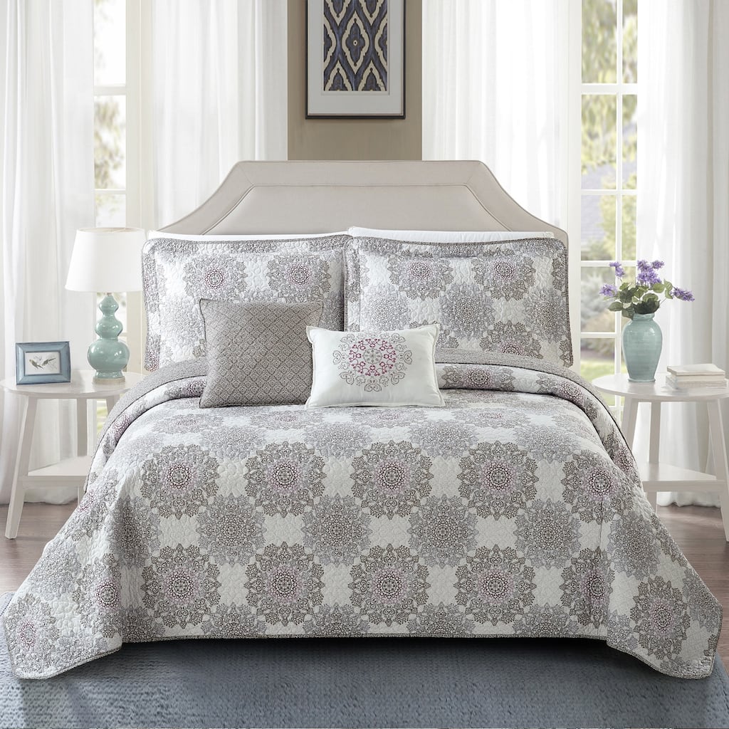 Starflower Medallion Pattern Microfiber 5-piece Quilt Set
