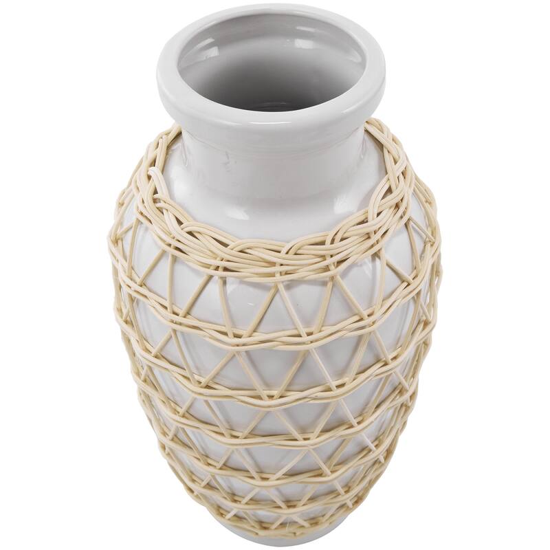 Ceramic Handmade Decorative Vase with Woven Rattan Exterior - White - Roche River Decor