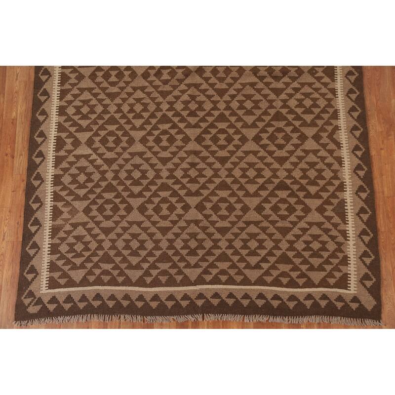 Brown Kilim Reversible Area Rug Hand-woven Wool Carpet - 6'5" x 9'5"