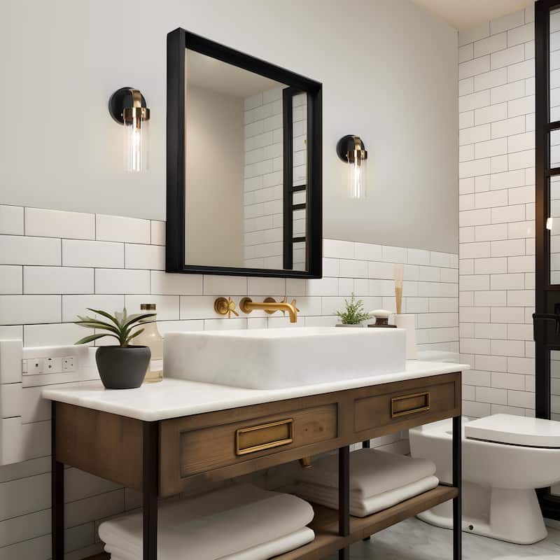 Modern 1-Light Black Gold Cylinder Glass Armed Wall Sconce Dimmable Vanity Light - 4.7" L x 5.5" W x 10" H