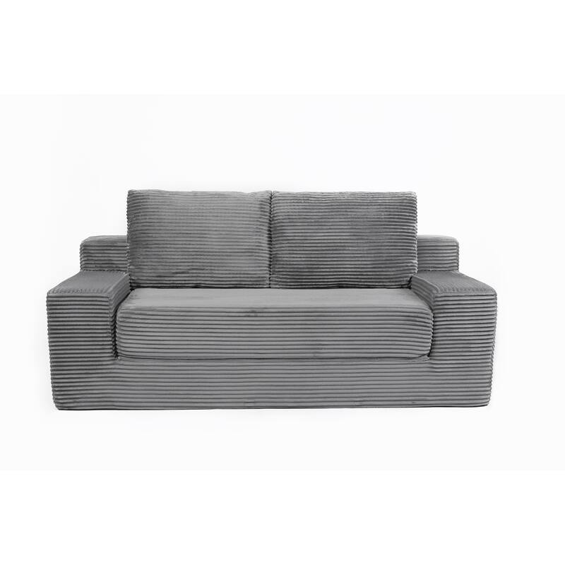 Floor Corduroy Deep Seat Loveseat Sofa with Folding Mattress Convertible Sleeper Sofa Bed with Reversible Cushion and Pillows