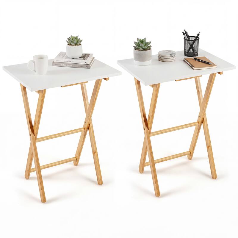 Gymax Folding TV Tray Tables Set of 2 Bamboo Snack Table for Small