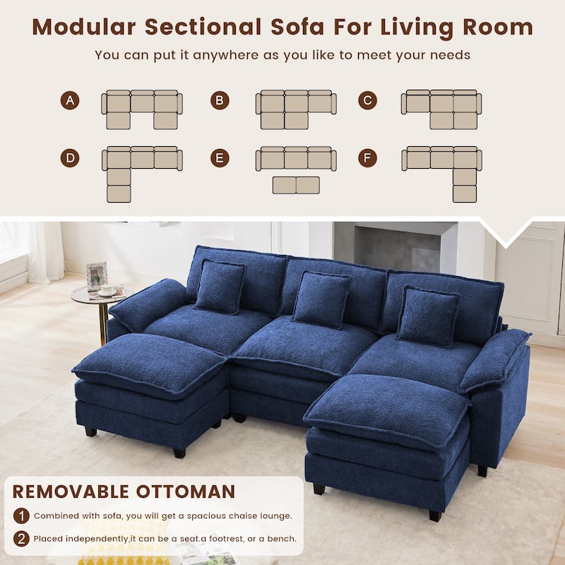 Modular Chenille Sectional Sofa with Ottomans, Deep Seat, Wide Padded Armrests, 2-Seat / 3-Seat / 4-Seat Options