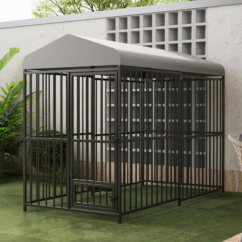 Large Outdoor Dog Kennel with Roof, Heavy Duty Metal Cage, Feeding Bowl & Lock - 8ft