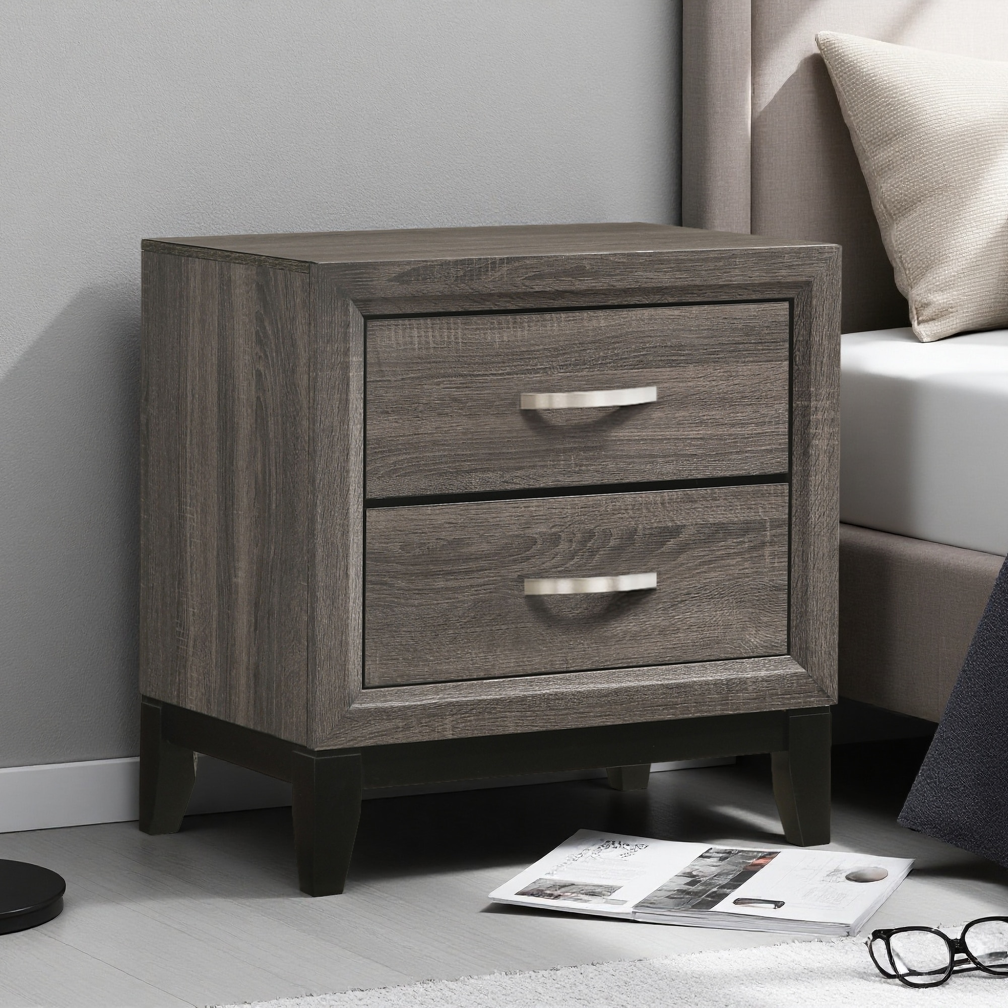 23.5"L MDF 2-Drawer Nightstand with Metal Handles, Modern Rectangular Bedside Table