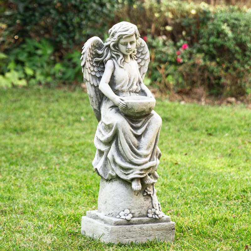 Glitzhome 31.25"H Vintage MgO Angel Distressed Garden Statue Sculpture with a Birdfeeder