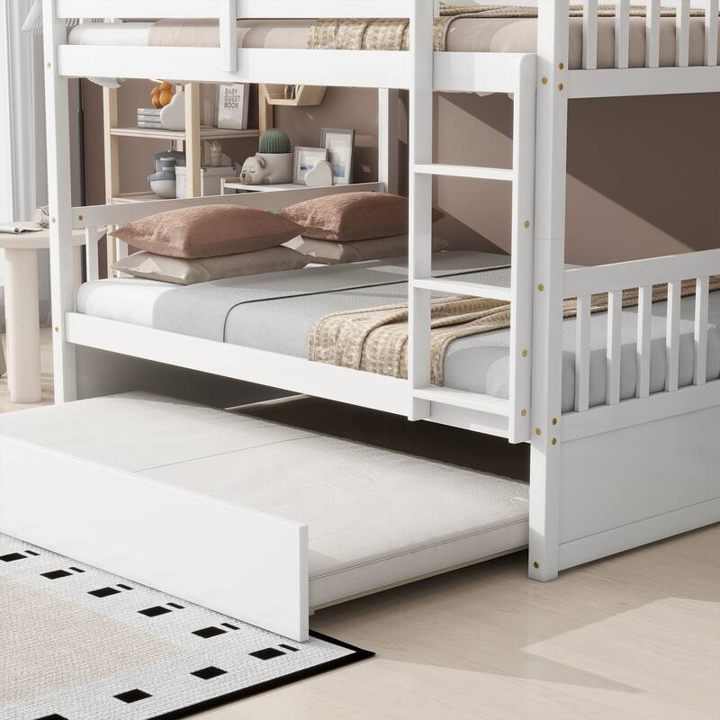 Full Over Full Rubber Wood Bunk Bed w/ Trundle, Ladder & Guardrails, Convertible to 2 Full Size Beds, White