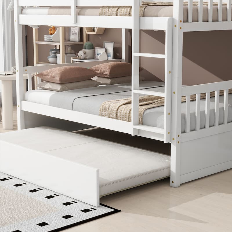 Full Over Full Rubber Wood Bunk Bed with Trundle,Ladder and Guardrails,Convertible to 2 Full Size Beds,with Twin Size Trundle