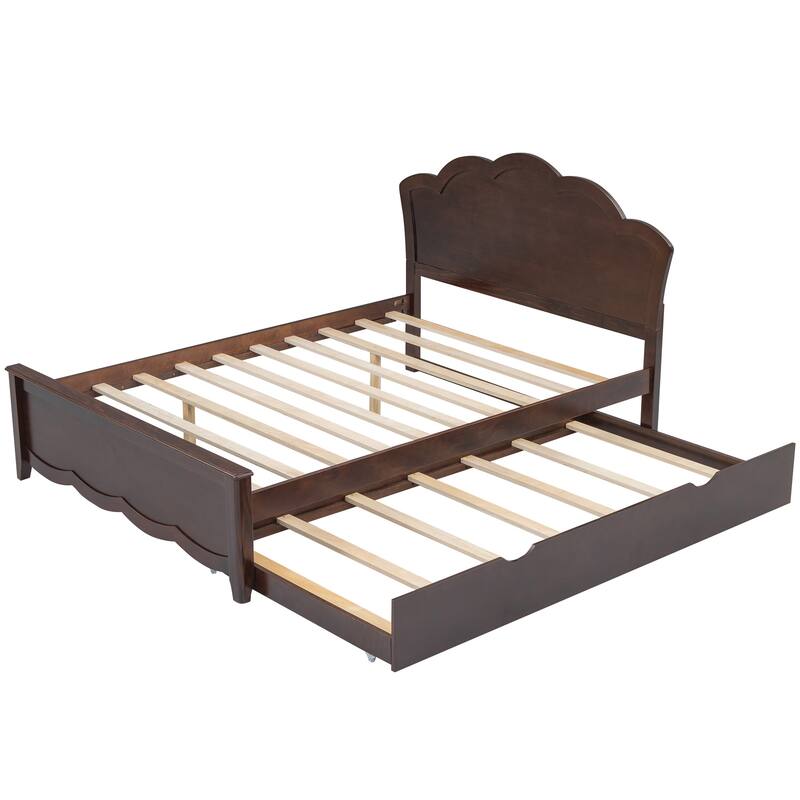 Single Bed Wood Platform Bed with Wave Shape Headboard and Footboard, Twin Size Trundle Bed Underneath No Box Spring Needed