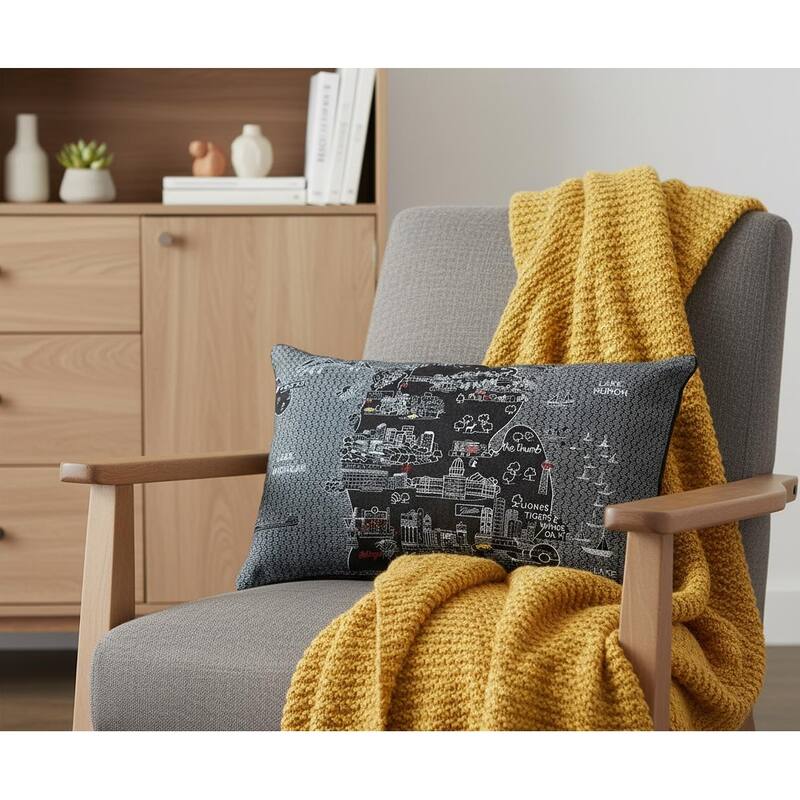 HomeRoots 14" X 24" Dark Gray And White Michigan Lower Peninsula Nighttime Skyline Lumbar Decorative Pillow
