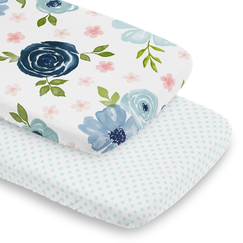 Sweet Jojo Designs Blush Pink Blue Boho Floral Girl 2 Pack Baby Bassinet Fitted Sheets Bohemian Farmhouse Shabby Chic Watercolor