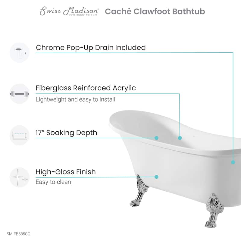 Caché Single Slipper, Clawfoot Soaking Acrylic Bathtub