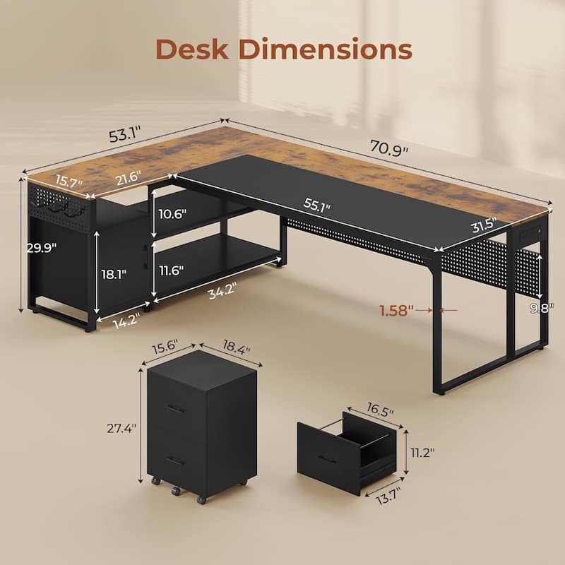 Executive Desk L Shaped Desk File Drawers Power Outlets Computer Desk