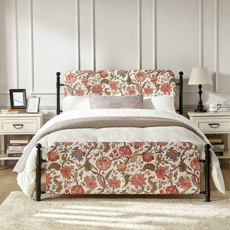 Diana Transitional 62" Floral Upholstered Platform Metal Bed Frame with Washable Slipcover by HULALA HOME - Red