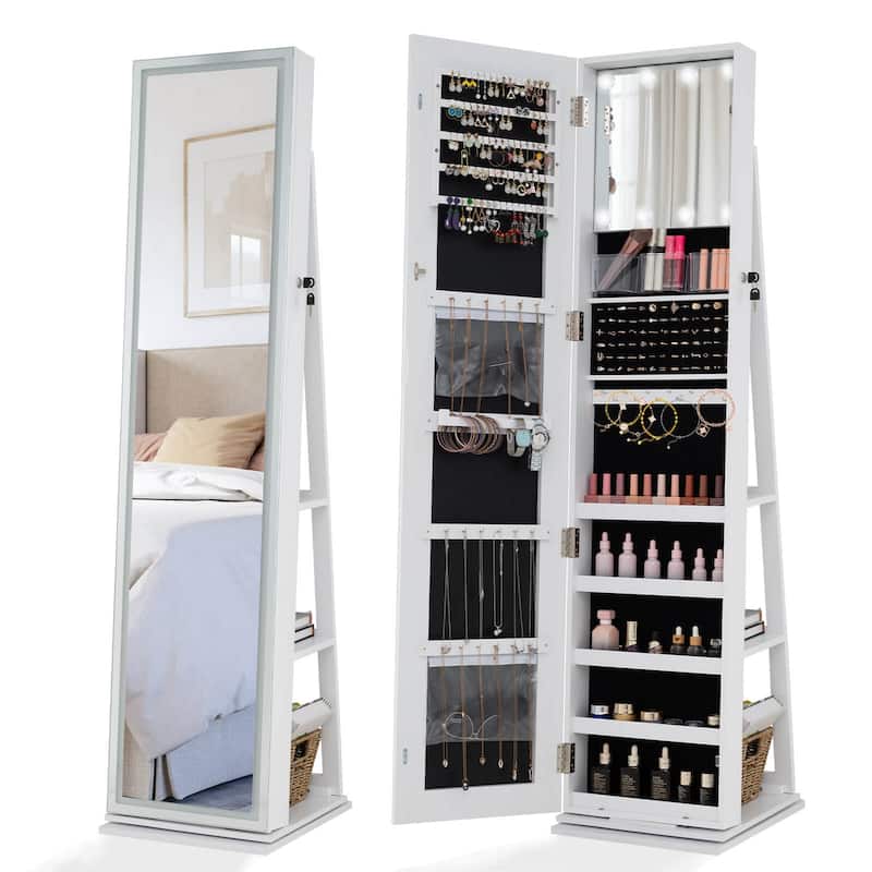 Costway 360° Swivel Jewelry Cabinet with Lighted Full Length Mirror & - See Details - White