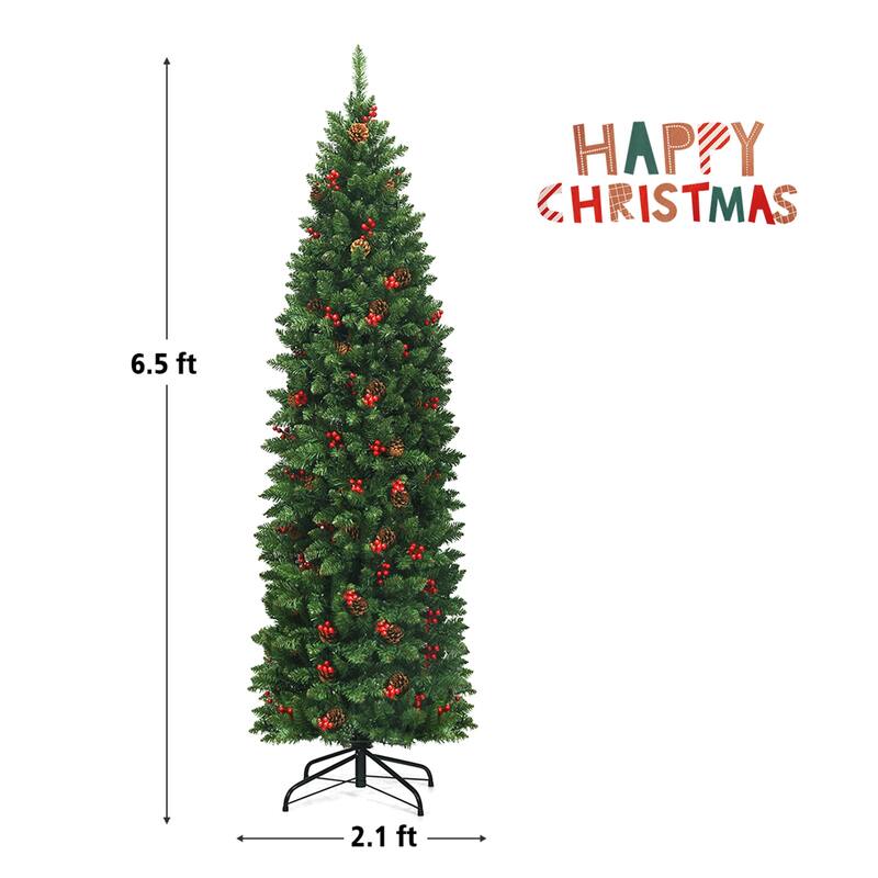 Gymax 6.5Ft Pre-Lit Pencil Christmas Tree Hinged Artificial Slim Tree - See Details