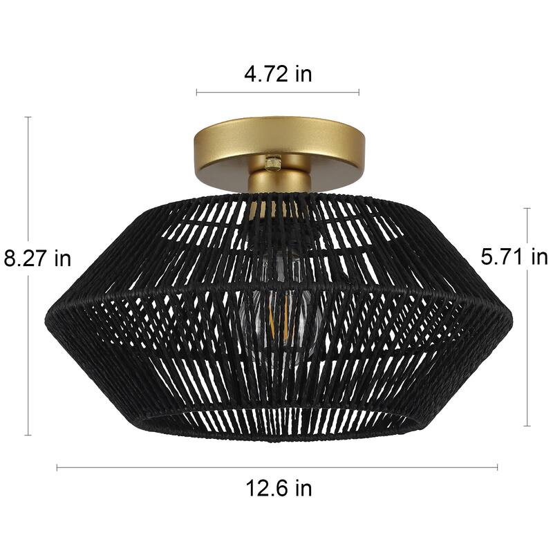 1-Light Farmhouse Style Classic Semi Flush Mount Chandelier, Hand-Woven Semi-Flush Mount Ceiling Light with Drum Shade