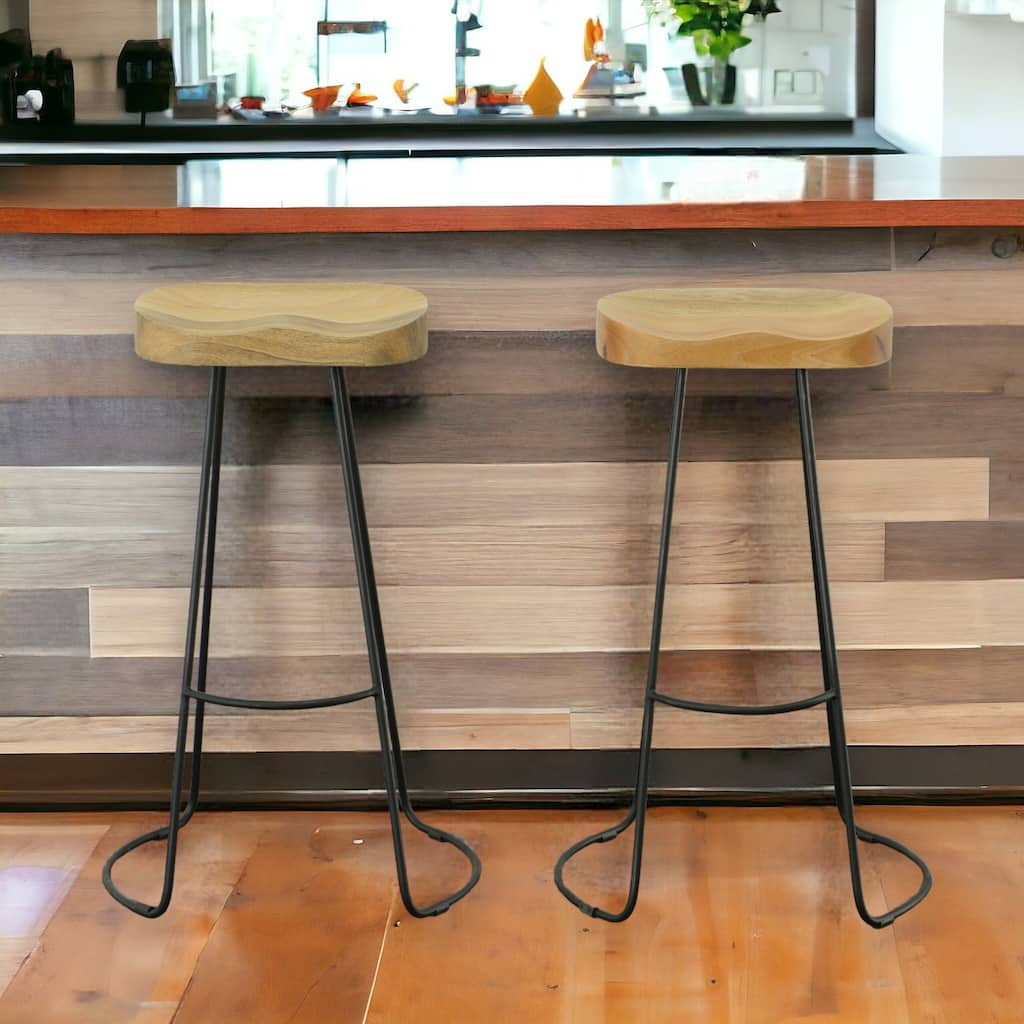 HomeRoots Set of Two 31" Natural And Black Steel Backless Bar Height Bar Chairs