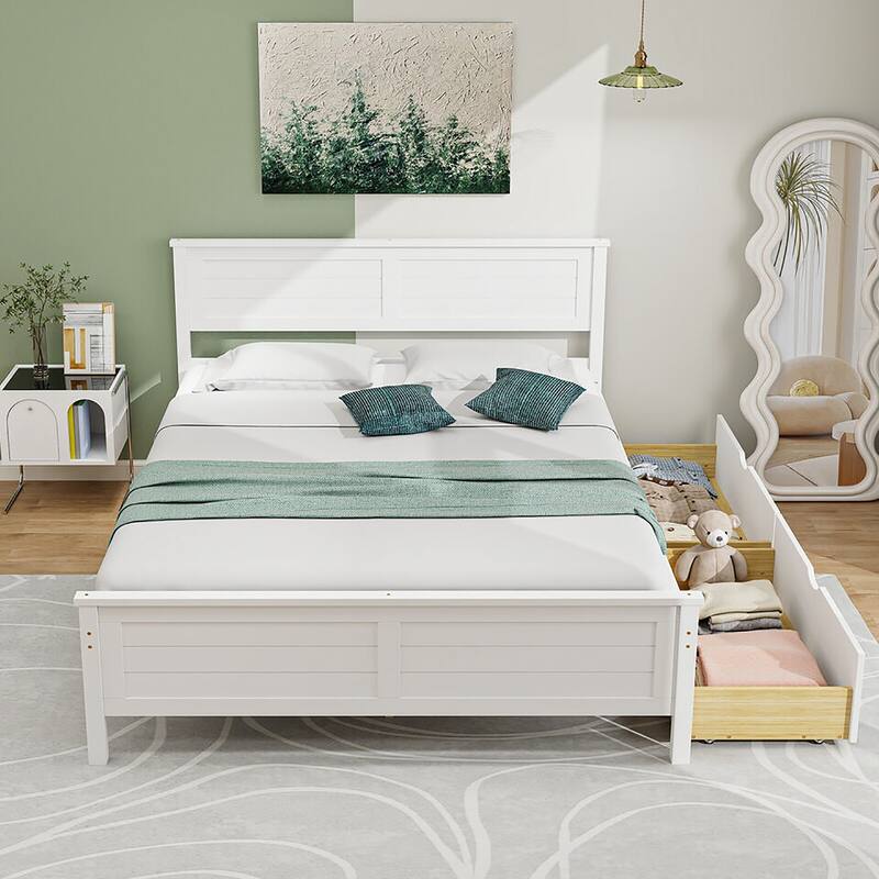 Gymax Twin/Full Size Wooden Bed Frame w/ 2 Storage Drawers & Under-bed