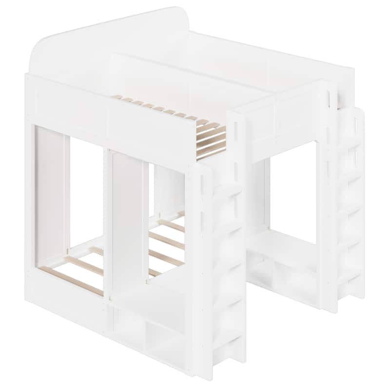 Triple Bunk Bed Frame, Twin + Twin Over Twin XL Size Bed with Storage Shelves, Hanging Hooks and Dual Ladders for Kids Room