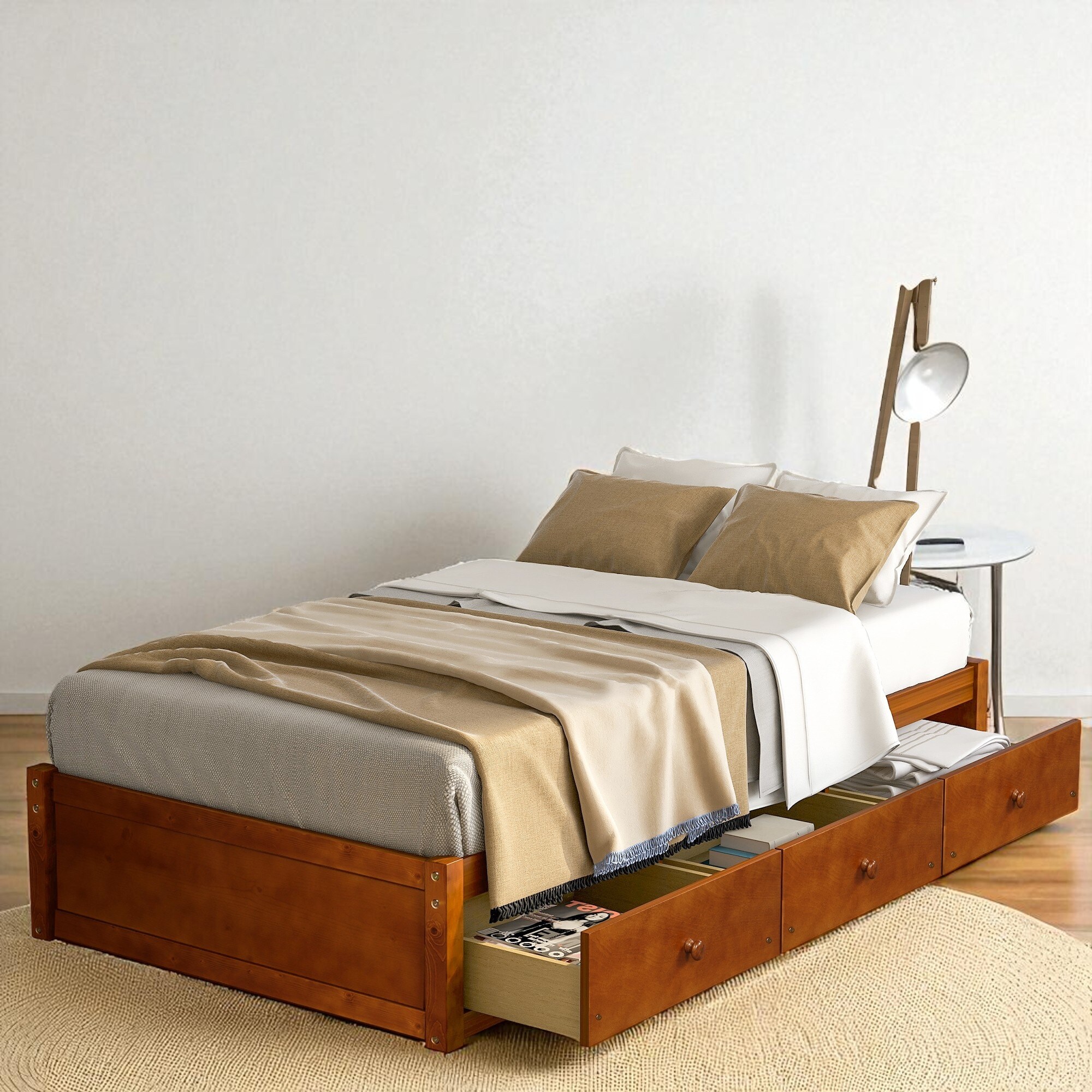 Twin Size Platform Bed with 3 Storage Drawers, Solid Pine Wood Frame and Slat Support