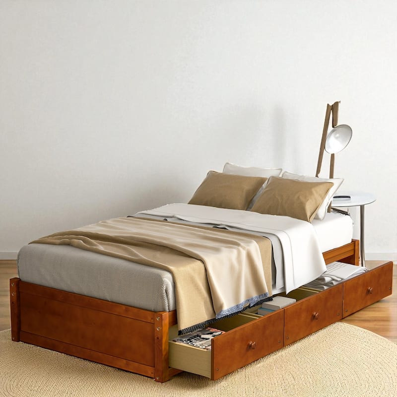 Twin Size Platform Bed with 3 Storage Drawers, Solid Pine Wood Frame and Slat Support - Oak - Twin