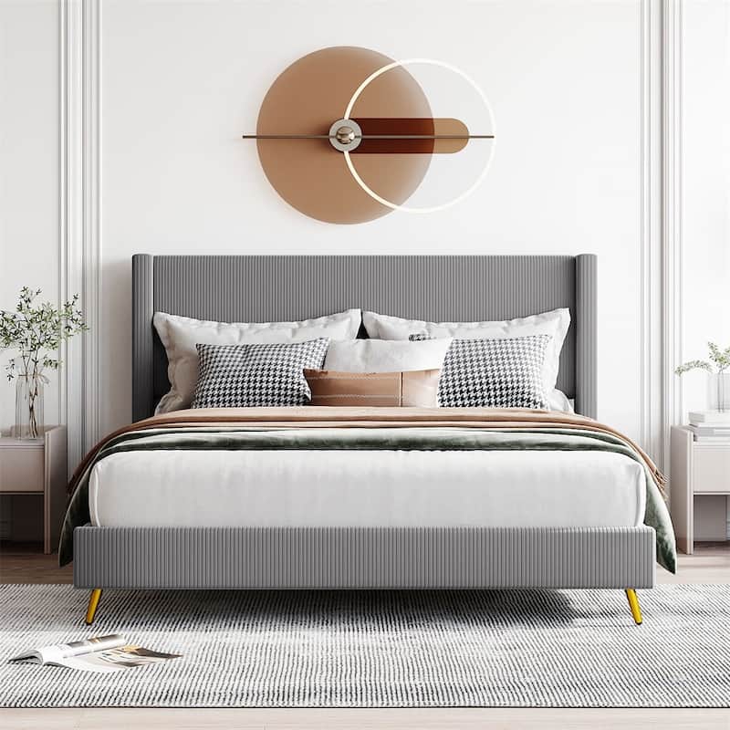Merax Queen Size Corduroy Platform Bed with Metal Legs