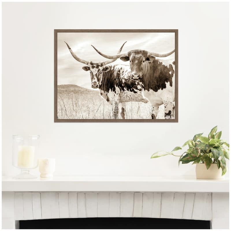 Kate and Laurel Sepia Texas Longhorn Cattle in Pasture by The Creative Bunch Studio Framed Canvas Wall Art Print