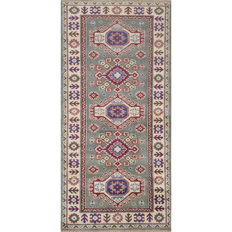 Hand Knotted Oriental 100% Wool Carpet Traditional Geometric Green Kazak Area Rug - 6' 3'' X 2' 9''