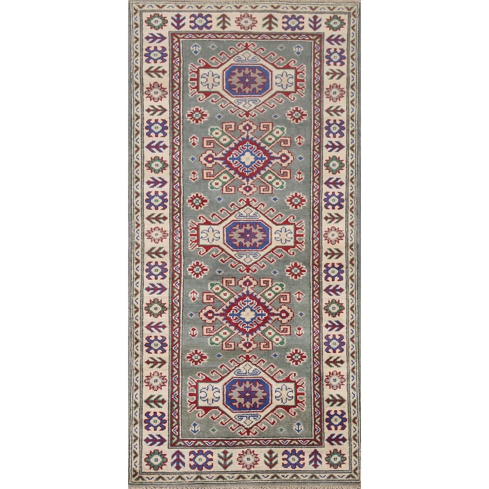 Hand Knotted Oriental 100% Wool Carpet Traditional Geometric Green Kazak Area Rug - 6' 3'' X 2' 9''