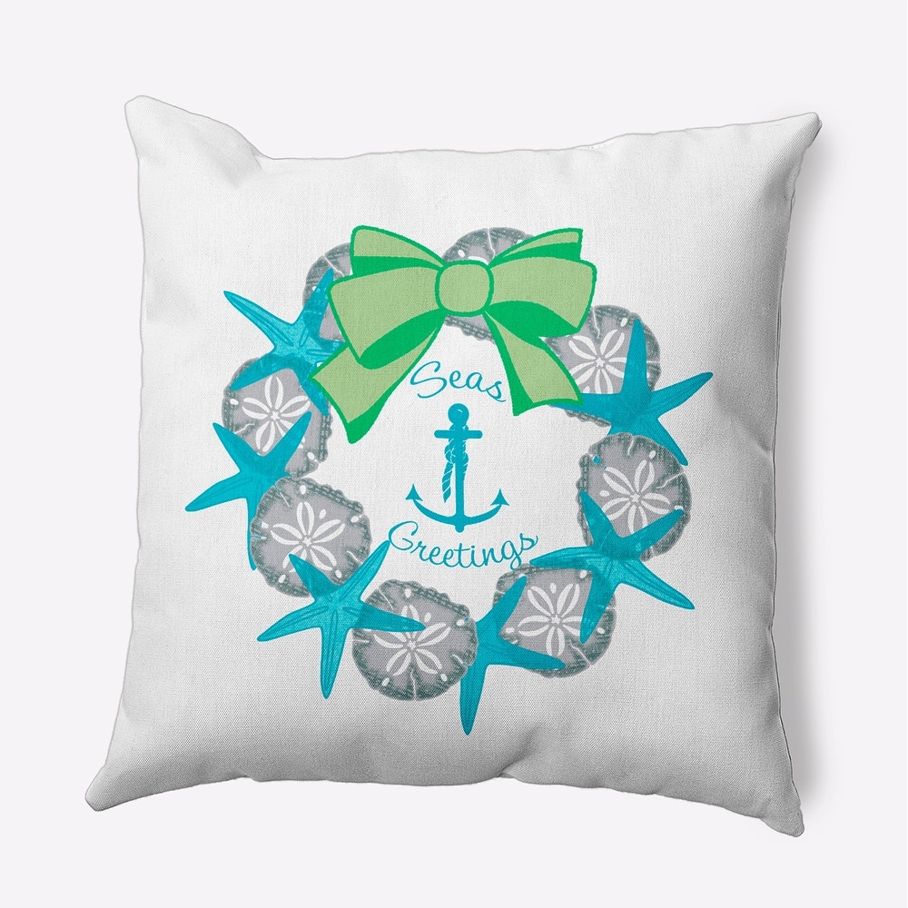 Seas and Greetings Wreath Beachy Christmas Indoor/Outdoor Christmas Throw Pillow