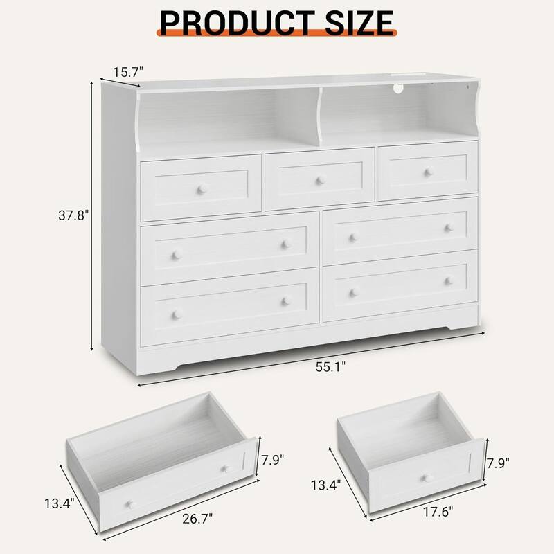 7 Drawer Dresser TV Stand for Bedroom with Charging Station & LED Lights