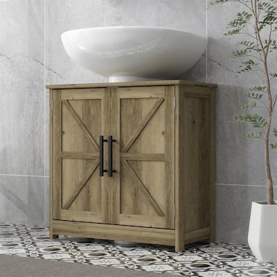 Distressed Grey Pedestal Bathroom Sink Storage Cabinet with Adjustable Shelf and Magnetic Door Closure