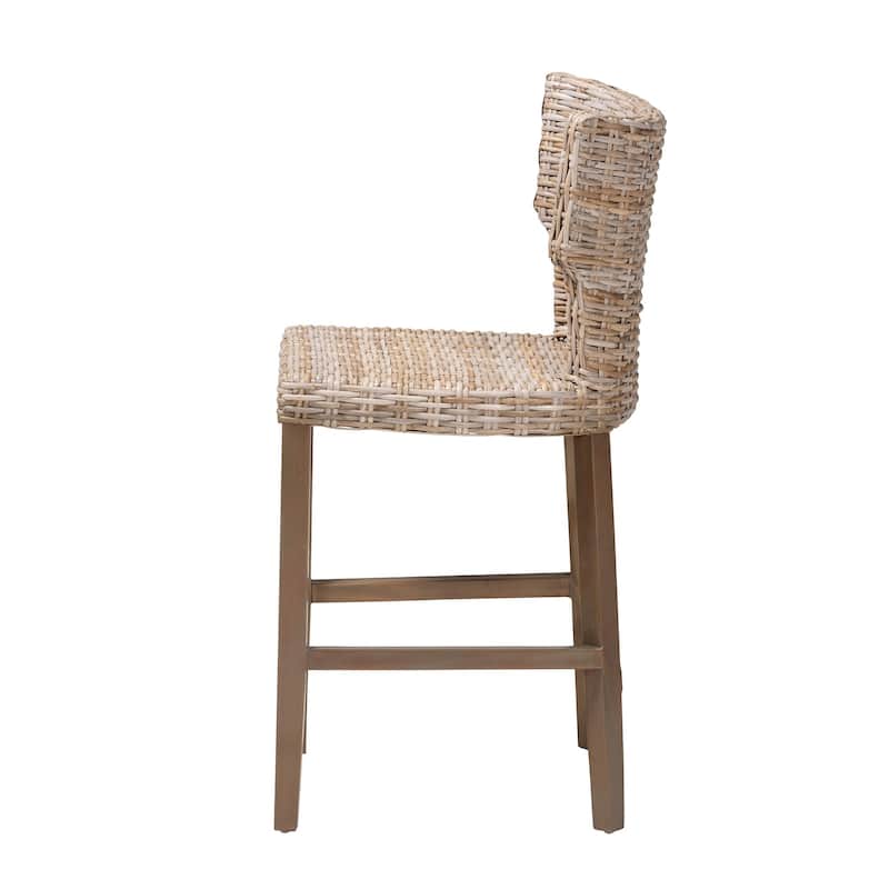 Enver Modern Bohemian Grey Kubu Rattan and Mahogany Wood Counter Stool