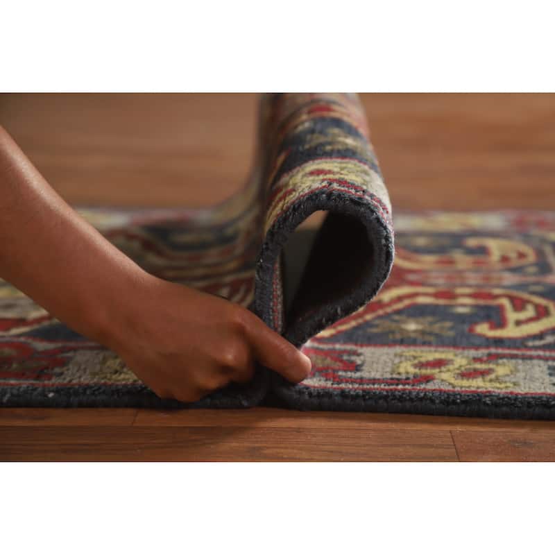 Hand Knotted Oriental 100% Wool Carpet Traditional Geometric Navy Blue & Blues Heriz (serapi) Runner Rug - 9' 10'' X 2' 6''