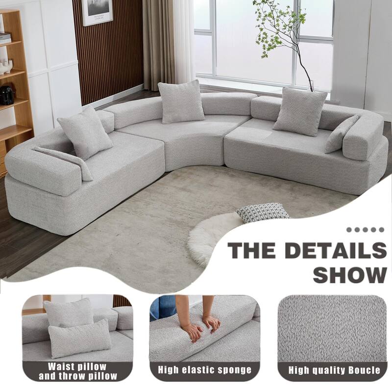 3-Piece Curved Sofa, Oversized Boucle Couch, Flexible for Living Room