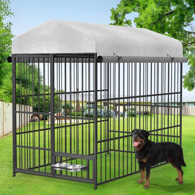 Large Outdoor Dog Kennel with Bowls and 360° Rotating Feeding Door, 6.6×3.9×5.9FT - 6.6'×3.9'×5.9'