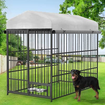 Large Outdoor Dog Kennel with Bowls and 360° Rotating Feeding Door, 6.6×3.9×5.9FT