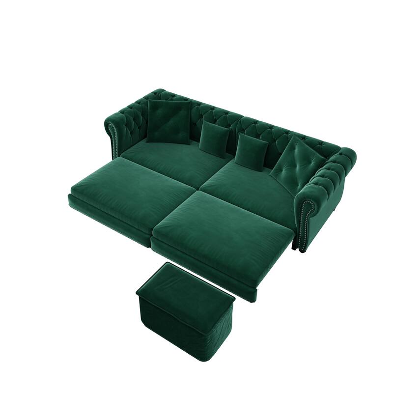 89" Chesterfield Pull Out Sofa Bed - Velvet 3-in-1 Convertible Sleeper with Chaise & Ottoman, King Size Sleeper Sofa