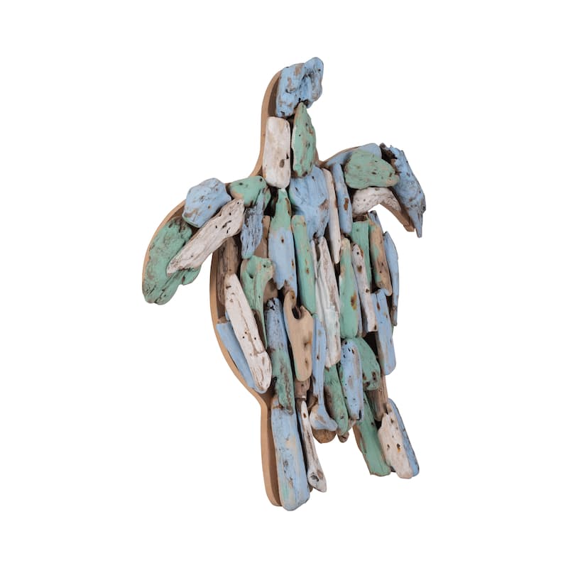 Wooden Decorative Turtle Figurine Sculpture - 15", Blue & Green - 15.0"