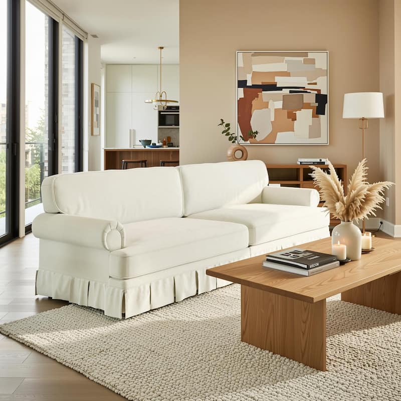 Homy Casa 3/4-Seater Chenille Cloud Sofa with Rolled Arms & Pleated Skirt, Extra Deep Seat, Multiple Colors - 4 - Beig