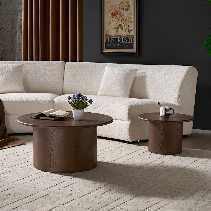 Coffee Table Set of 2, MDF Round Coffee Table for Living Room, Apartment, Leisure Area Walnut